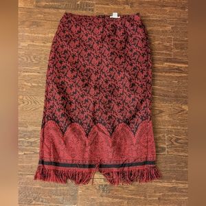 Dress Barn Long Skirt Patterned Black and Red with Fringe